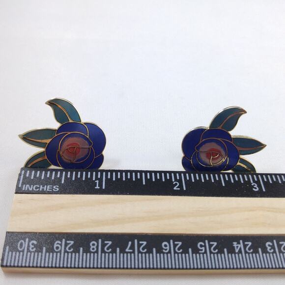 Vintage Laurel Burch Blue "Deco Rose" Post Earrings, 1980s Vintage Jewelry - Picture 7 of 10